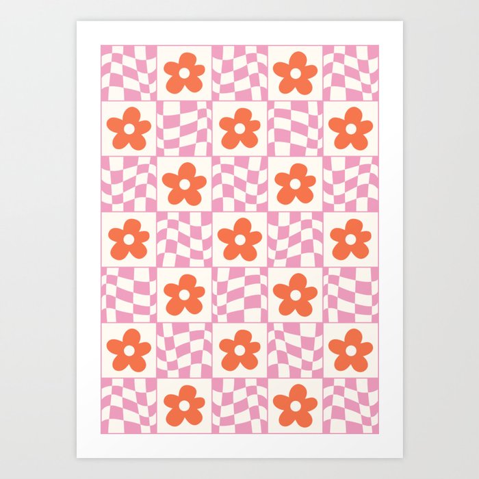 Orange Flower Pink & White Warped Double Checker Art Print