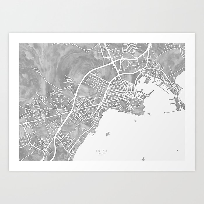 Grayscale watercolor map of Ibiza, Spain Art Print