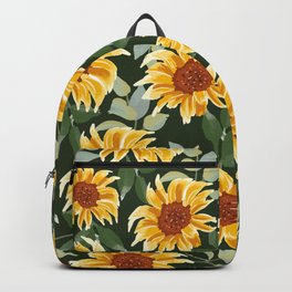 Autumn or spring sunflowers with green background pattern. Packed flowers.  Backpack