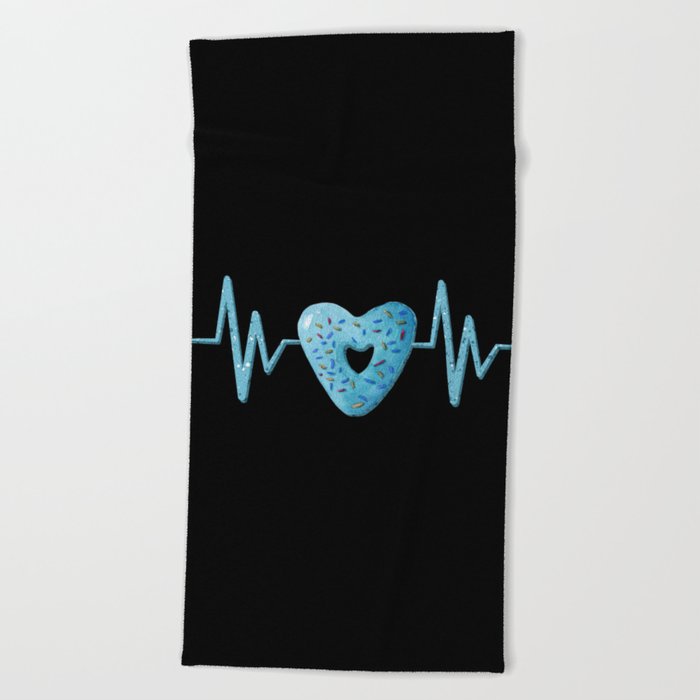 Heartbeat with cute blue heart shaped donut illustration Beach Towel