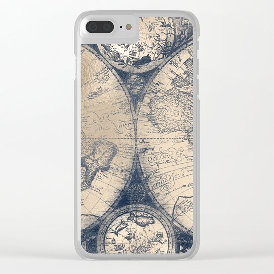 Antique World Map White Gold Navy Blue by Nature Magick Clear iPhone Case
