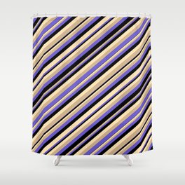 [ Thumbnail: Tan, Slate Blue, Black, and Beige Colored Stripes/Lines Pattern Shower Curtain ]