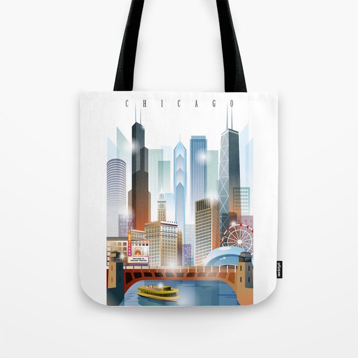 Chicago city skyline painting Tote Bag