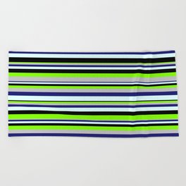 [ Thumbnail: Vibrant Chartreuse, Grey, Midnight Blue, Light Cyan & Black Colored Lined/Striped Pattern Beach Towel ]