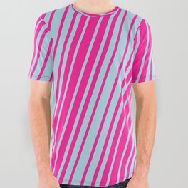 [ Thumbnail: Deep Pink and Light Blue Colored Lined/Striped Pattern All Over Graphic Tee ]
