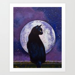 Black Cat Moonlight Art Print