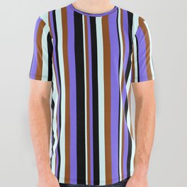 [ Thumbnail: Light Cyan, Brown, Medium Slate Blue & Black Colored Lines Pattern All Over Graphic Tee ]