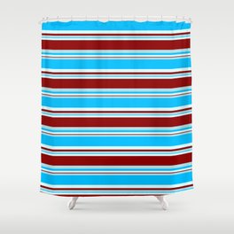 [ Thumbnail: Powder Blue, Deep Sky Blue, Light Cyan & Dark Red Colored Stripes Pattern Shower Curtain ]
