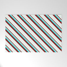 [ Thumbnail: Cyan, Dark Red & Mint Cream Colored Stripes Pattern Welcome Mat ]
