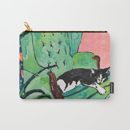 Napping Tuxedo Cat in Overstuffed Sage Green Armchair with Pink Interior After Matisse Painting Carry-All Pouch