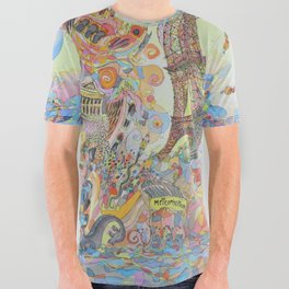 Surrealist Paris, France landscape painting of Eiffel Tower, Montmartre, Champs Elysees by Ross Eccles All Over Graphic Tee