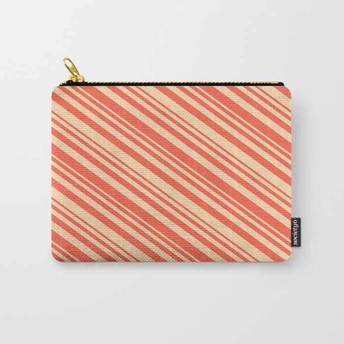 Tan and Red Colored Striped/Lined Pattern Carry-All Pouch