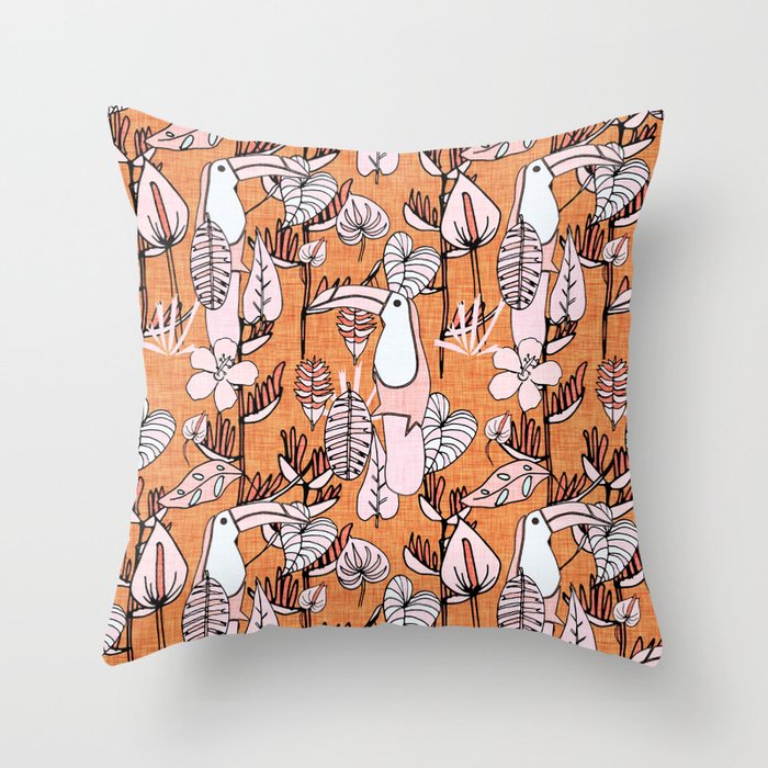 Tropical Floral Pelicano Orange Throw Pillow