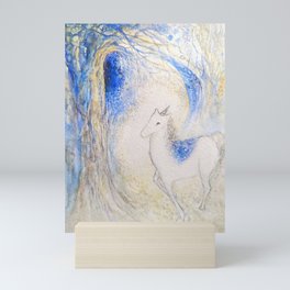 The Unicorn whimsical mixed media art in blue and gold Mini Art Print