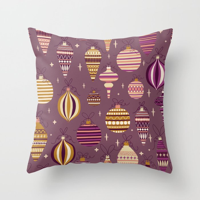 Purple Christmas Bauble Ornaments Pattern Throw Pillow by Spacecat