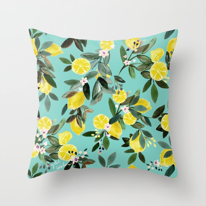 Summer Lemon Floral Throw Pillow