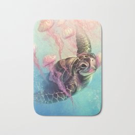 Sea Turtle and Jellyfish! Bath Mat | Art, Happy, Jellyfish, Nature, Reptile, Turtle, Sea, Digital, Swimming, Illustration 