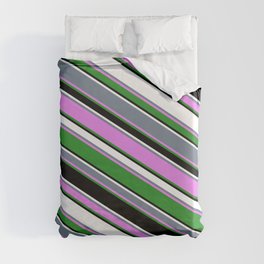[ Thumbnail: Vibrant Slate Gray, Violet, Forest Green, Black, and White Colored Stripes Pattern Duvet Cover ]