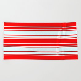[ Thumbnail: Light Cyan & Red Colored Pattern of Stripes Beach Towel ]
