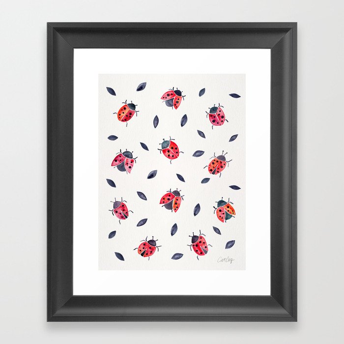 Lucky Ladybugs & Black Leaves Framed Art Print