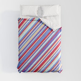 [ Thumbnail: Colorful Tan, Slate Blue, Light Cyan, Cornflower Blue & Crimson Colored Stripes Pattern Comforter ]