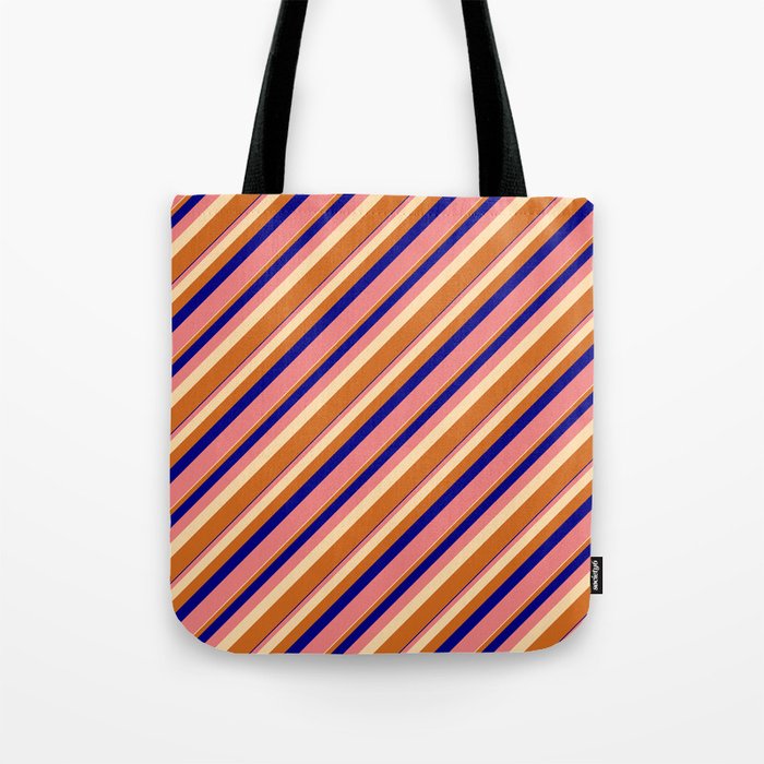Blue, Light Coral, Tan & Chocolate Colored Lined/Striped Pattern Tote Bag