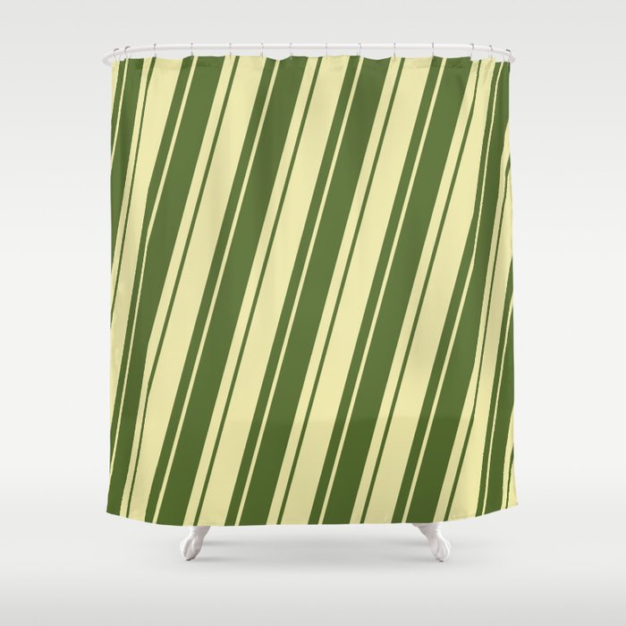 Dark Olive Green & Pale Goldenrod Colored Pattern of Stripes Shower Curtain