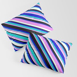 [ Thumbnail: Eyecatching Blue, Dark Turquoise, Violet, Mint Cream, and Black Colored Stripes Pattern Pillow Sham ]