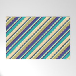 [ Thumbnail: Beige, Dark Khaki, Dark Slate Blue, and Light Sea Green Colored Striped Pattern Welcome Mat ]