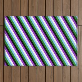 [ Thumbnail: Eye-catching Dark Orchid, White, Light Sky Blue, Forest Green, and Black Colored Stripes Pattern Outdoor Rug ]