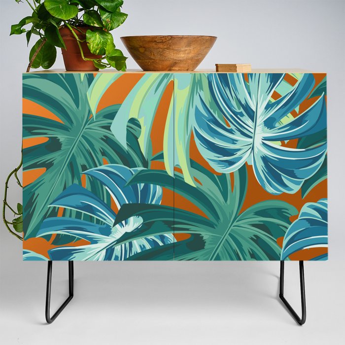 Tropical Monstera Palm Leaves on Orange Credenza