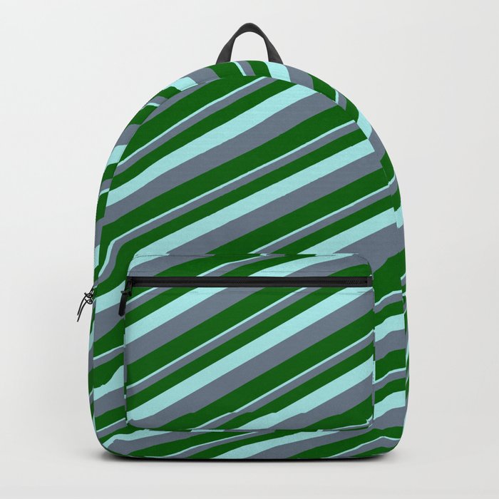 Turquoise, Slate Gray, and Dark Green Colored Striped Pattern Backpack