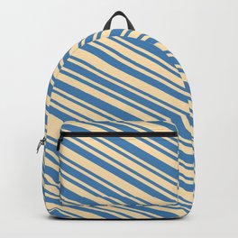 [ Thumbnail: Blue and Beige Colored Stripes/Lines Pattern Backpack ]