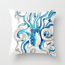 Blue Octopus Crosshatch Watercolor Comic Throw Pillow