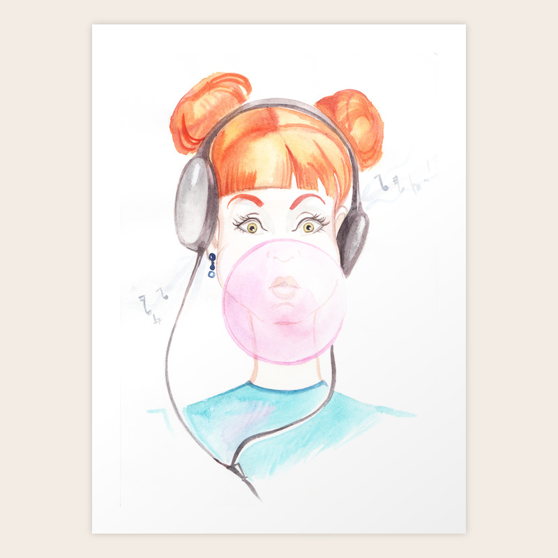 drawing of a girl with chewing gum and music headphones art print by artdaria society6 drawing of a girl with chewing gum and music headphones art print by artdaria