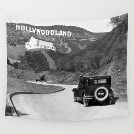 Old Hollywood sign Hollywoodland black and white photograph Wall Tapestry