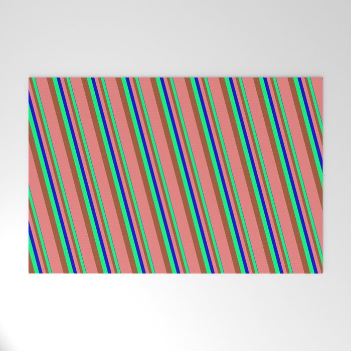 Blue, Green, Sienna & Light Coral Colored Striped/Lined Pattern Welcome Mat