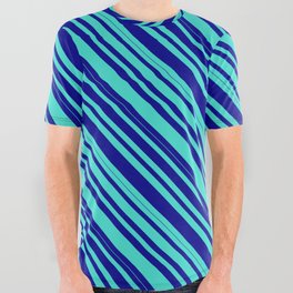 [ Thumbnail: Turquoise and Dark Blue Colored Lined/Striped Pattern All Over Graphic Tee ]