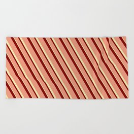 [ Thumbnail: Maroon, Dark Salmon & Pale Goldenrod Colored Stripes Pattern Beach Towel ]