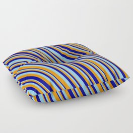 [ Thumbnail: Dark Orange, Dark Blue & Light Sky Blue Colored Lines/Stripes Pattern Floor Pillow ]