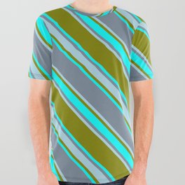 [ Thumbnail: Green, Cyan, Light Slate Gray & Light Blue Colored Stripes Pattern All Over Graphic Tee ]