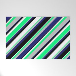 [ Thumbnail: Green, Grey, Midnight Blue, Black & White Colored Stripes Pattern Welcome Mat ]