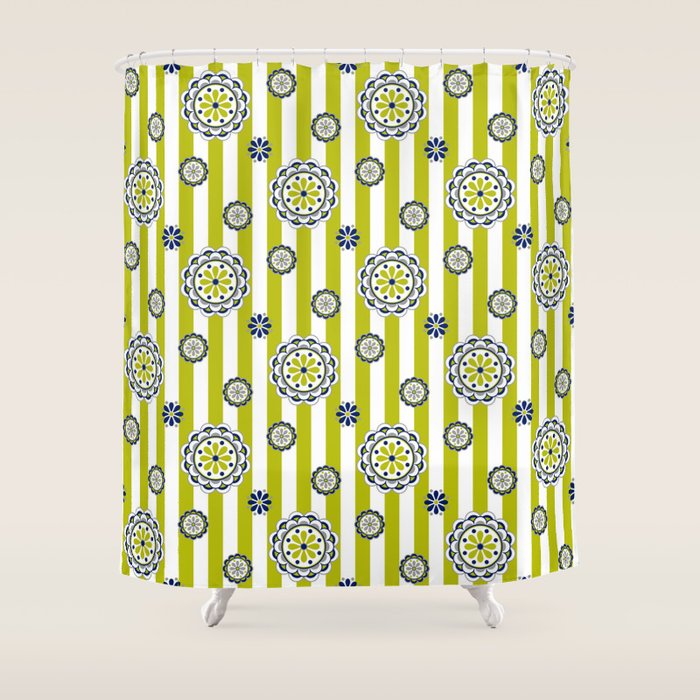 Mod Flowers On Stripes In Lime Green And Navy Shower Curtain By