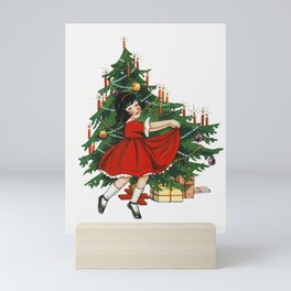 Vintage Christmas: Happy Little Girl in front of Christmas Tree Mini Art Print