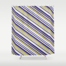 [ Thumbnail: Dark Slate Blue, Dark Khaki & Lavender Colored Striped Pattern Shower Curtain ]