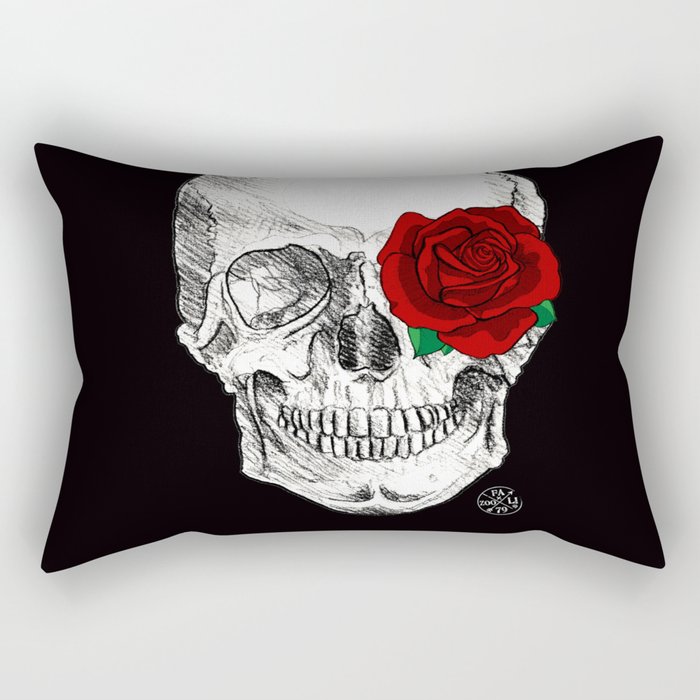 Rose Skull Black Rectangular Pillow