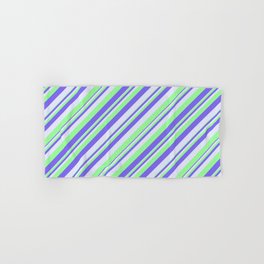 [ Thumbnail: Green, Medium Slate Blue, and Lavender Colored Lines Pattern Hand & Bath Towel ]