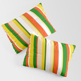 [ Thumbnail: Eye-catching Yellow, Beige, White, Red & Green Colored Pattern of Stripes Pillow Sham ]