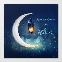 Ramadan Kareem greetings with white crescent, lantern on a shimery blue backgroundr Muslim Holidays and Ramadan with moon, gold stars and lantern. Canvas Print
