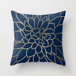 Floral Prints, Line Art, Navy Blue and Gold Throw Pillow